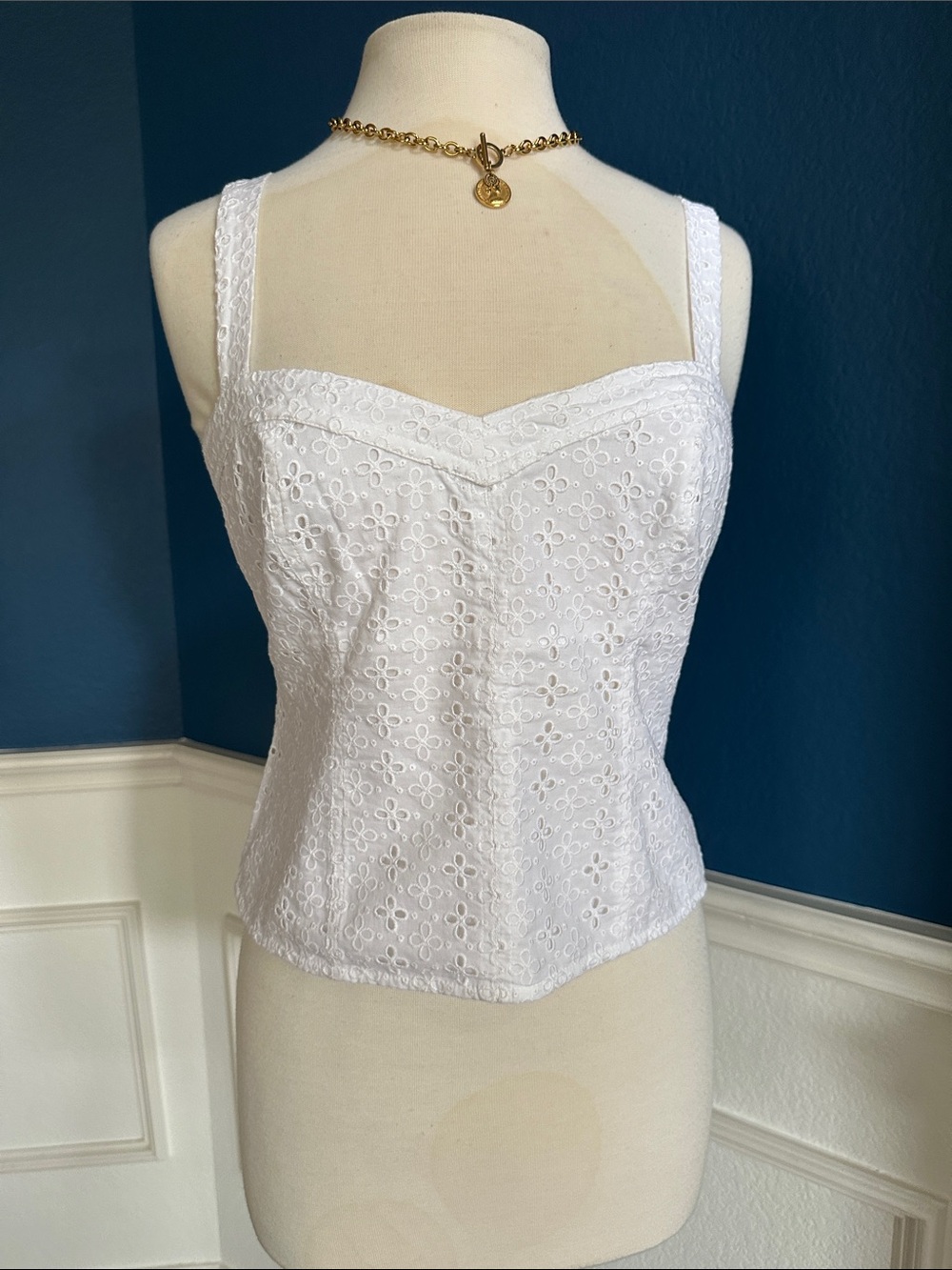 LOFT White Eyelet Sweetheart Neck Top